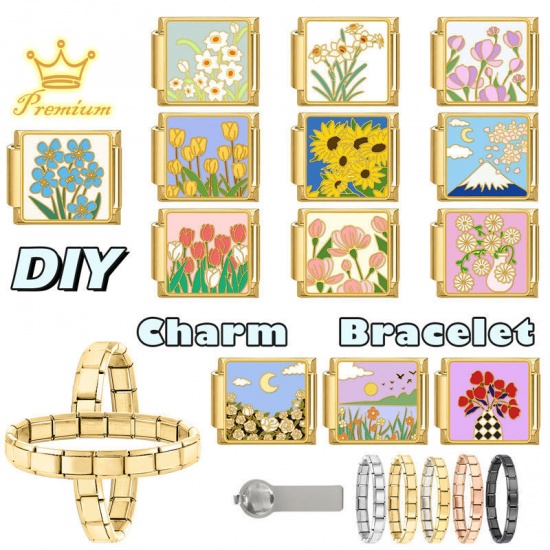 Picture of 1 Piece 304 Stainless Steel Stylish Italian Charm Links For DIY Bracelet Jewelry Making Wholesale Gold Plated Pink Rectangle Tulip Flower 10mm x 9mm
