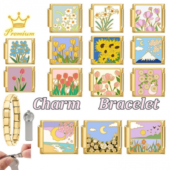 Picture of 1 Piece 304 Stainless Steel Stylish Italian Charm Links For DIY Bracelet Jewelry Making Wholesale Gold Plated Pink Rectangle Tulip Flower 10mm x 9mm