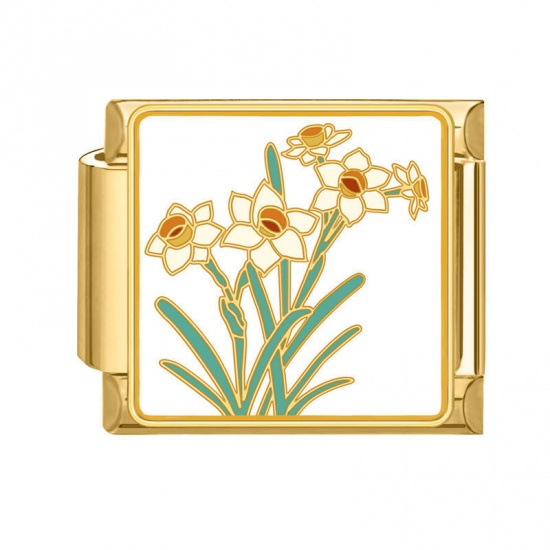 Picture of 1 Piece 304 Stainless Steel Stylish Italian Charm Links For DIY Bracelet Jewelry Making Wholesale Gold Plated Green Rectangle Flower 10mm x 9mm