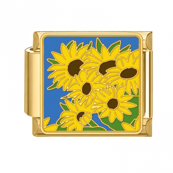 Picture of 1 Piece 304 Stainless Steel Stylish Italian Charm Links For DIY Bracelet Jewelry Making Wholesale Gold Plated Yellow Rectangle Sunflower 10mm x 9mm
