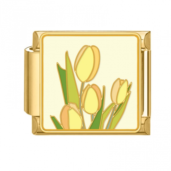 Picture of 1 Piece 304 Stainless Steel Stylish Italian Charm Links For DIY Bracelet Jewelry Making Wholesale Gold Plated Yellow Rectangle Tulip Flower 10mm x 9mm