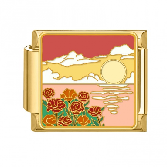 Picture of 1 Piece 304 Stainless Steel Stylish Italian Charm Links For DIY Bracelet Jewelry Making Wholesale Gold Plated Multicolor Rectangle Natural Scenery 10mm x 9mm