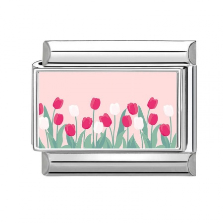 Picture of 1 Piece 304 Stainless Steel Stylish Italian Charm Links For DIY Bracelet Jewelry Making Wholesale Silver Tone Multicolor Rectangle Flower 10mm x 9mm