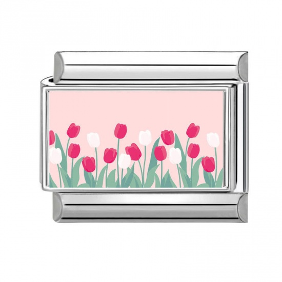 Picture of 1 Piece 304 Stainless Steel Stylish Italian Charm Links For DIY Bracelet Jewelry Making Wholesale Silver Tone Multicolor Rectangle Flower 10mm x 9mm