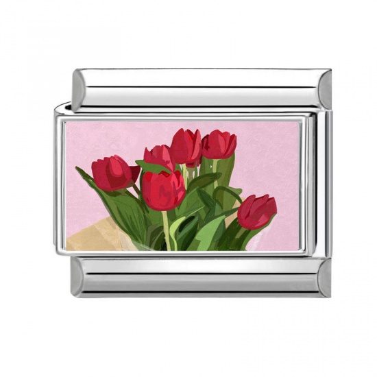Picture of 1 Piece 304 Stainless Steel Stylish Italian Charm Links For DIY Bracelet Jewelry Making Wholesale Silver Tone Red Rectangle Rose Flower 10mm x 9mm
