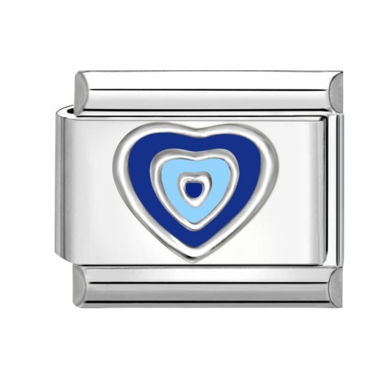 Picture of 1 Piece 304 Stainless Steel Valentine's Day Italian Charm Links For DIY Bracelet Jewelry Making Wholesale Silver Tone Blue Rectangle Heart 10mm x 9mm