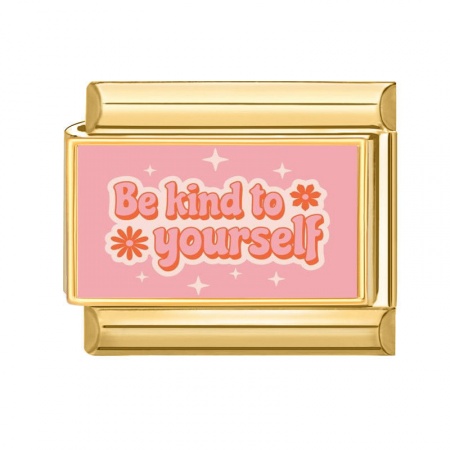 Picture of 1 Piece 304 Stainless Steel Stylish Italian Charm Links For DIY Bracelet Jewelry Making Wholesale Gold Plated Pink Rectangle Message " Be Kind To Yourself " 10mm x 9mm