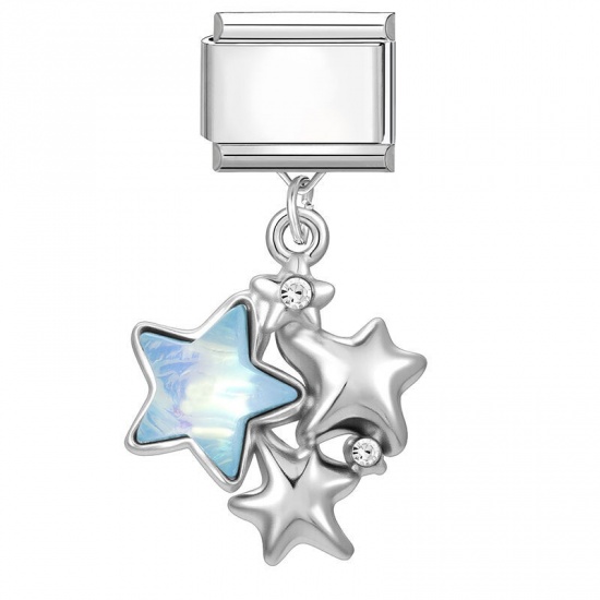 Picture of 1 Piece 304 Stainless Steel Stylish Italian Charm Links For DIY Bracelet Jewelry Making Wholesale Silver Tone Pentagram Star 10mm x 9mm