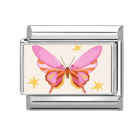 Picture of 1 Piece 304 Stainless Steel Stylish Italian Charm Links For DIY Bracelet Jewelry Making Wholesale Silver Tone Pink Rectangle Butterfly 10mm x 9mm