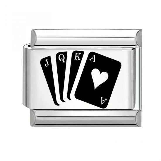 Picture of 1 Piece 304 Stainless Steel Stylish Italian Charm Links For DIY Bracelet Jewelry Making Wholesale Silver Tone Black Rectangle Poker 10mm x 9mm