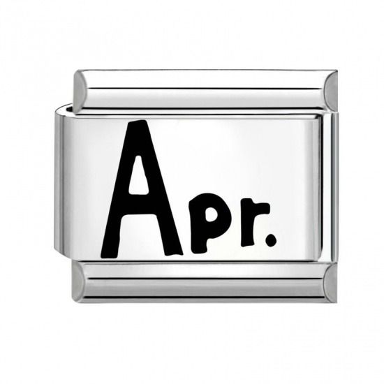Picture of 1 Piece 304 Stainless Steel Stylish Italian Charm Links For DIY Bracelet Jewelry Making Wholesale Silver Tone Rectangle Message " April " 10mm x 9mm