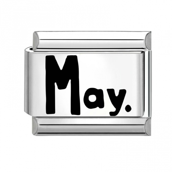 Picture of 1 Piece 304 Stainless Steel Stylish Italian Charm Links For DIY Bracelet Jewelry Making Wholesale Silver Tone Rectangle Message " May " 10mm x 9mm