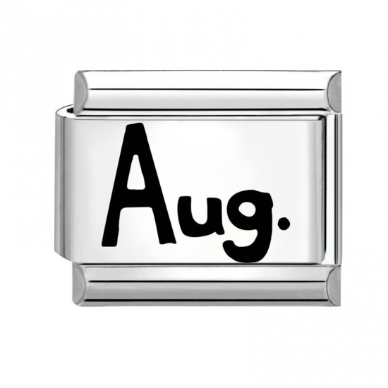 Picture of 1 Piece 304 Stainless Steel Stylish Italian Charm Links For DIY Bracelet Jewelry Making Wholesale Silver Tone Rectangle Message " August " 10mm x 9mm
