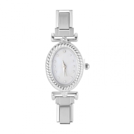 Picture of 1 Piece 304 Stainless Steel Stylish Italian Charm Links Watch Face For DIY Jewelry Making Wholesale Silver Tone White Oval 5.7cm x 2.7cm