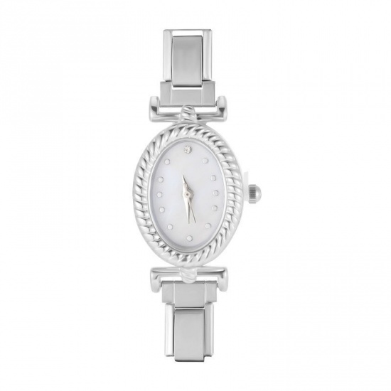 Picture of 1 Piece 304 Stainless Steel Stylish Italian Charm Links Watch Face For DIY Jewelry Making Wholesale Silver Tone White Oval 5.7cm x 2.7cm