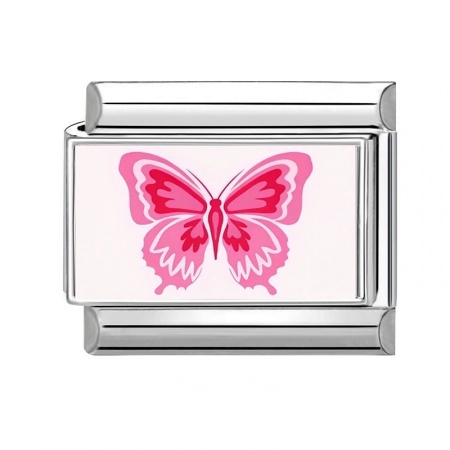 Picture of 1 Piece 304 Stainless Steel Stylish Italian Charm Links For DIY Bracelet Jewelry Making Wholesale Silver Tone Fuchsia Rectangle Butterfly 10mm x 9mm
