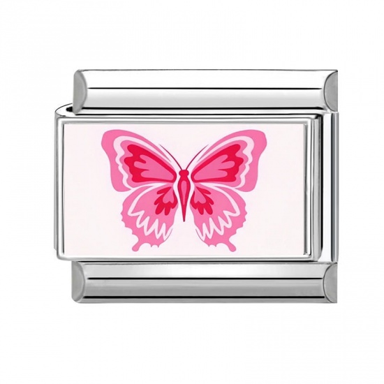 Picture of 1 Piece 304 Stainless Steel Stylish Italian Charm Links For DIY Bracelet Jewelry Making Wholesale Silver Tone Fuchsia Rectangle Butterfly 10mm x 9mm