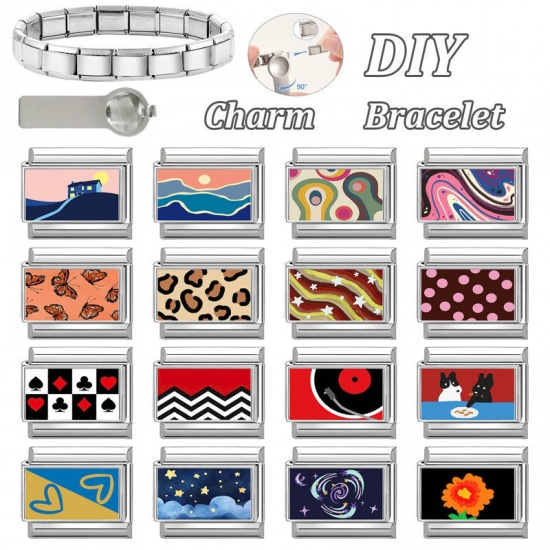 Picture of 1 Piece 304 Stainless Steel Stylish Italian Charm Links For DIY Bracelet Jewelry Making Wholesale Silver Tone Dark Red Rectangle 10mm x 9mm