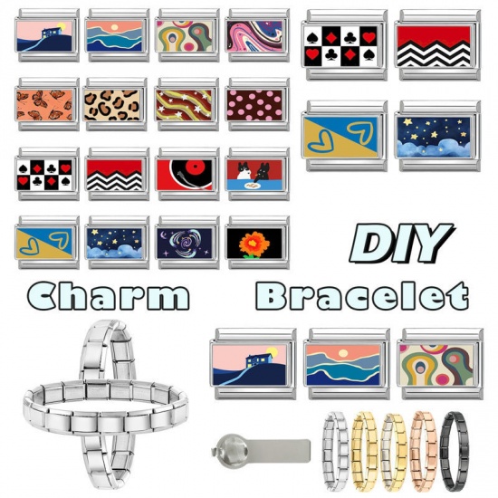 Picture of 1 Piece 304 Stainless Steel Stylish Italian Charm Links For DIY Bracelet Jewelry Making Wholesale Silver Tone Dark Red Rectangle 10mm x 9mm