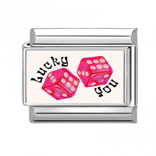 Picture of 1 Piece 304 Stainless Steel Stylish Italian Charm Links For DIY Bracelet Jewelry Making Wholesale Silver Tone Fuchsia Rectangle Dice 10mm x 9mm