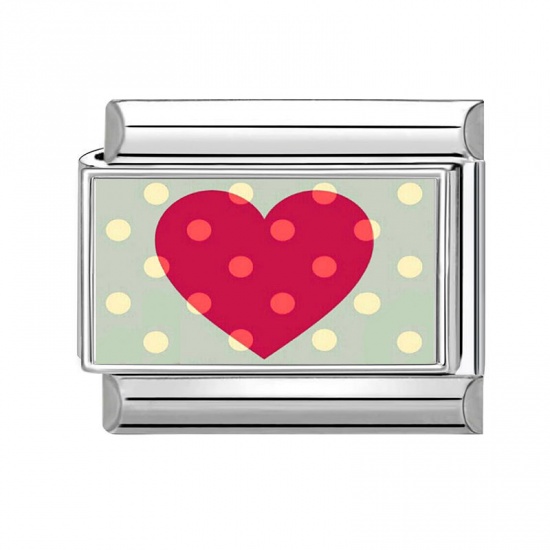 Picture of 1 Piece 304 Stainless Steel Valentine's Day Italian Charm Links For DIY Bracelet Jewelry Making Wholesale Silver Tone Red Rectangle Heart 10mm x 9mm