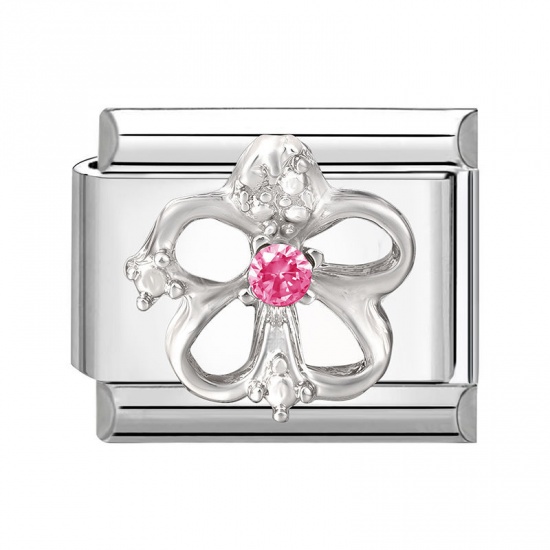 Picture of 1 Piece 304 Stainless Steel Stylish Italian Charm Links For DIY Modular Bracelet Watch Jewelry Making Wholesale Silver Tone Rectangle Butterfly Pink Rhinestone 10mm x 9mm