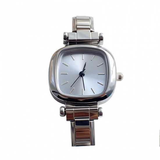 Picture of 1 Piece 304 Stainless Steel Stylish Italian Charm Links Watch Face For DIY Jewelry Making Wholesale Silver Tone Blue Square 3.5cm
