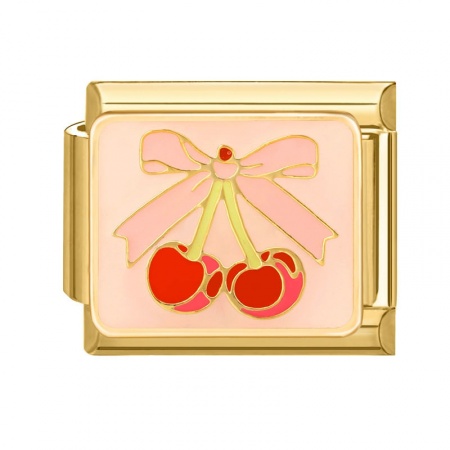 Picture of 1 Piece 304 Stainless Steel Stylish Italian Charm Links For DIY Bracelet Jewelry Making Wholesale Gold Plated Red Rectangle Cherry Fruit 10mm x 9mm