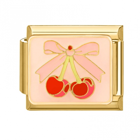 Picture of 1 Piece 304 Stainless Steel Stylish Italian Charm Links For DIY Bracelet Jewelry Making Wholesale Gold Plated Red Rectangle Cherry Fruit 10mm x 9mm