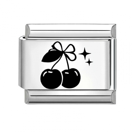Picture of 1 Piece 304 Stainless Steel Stylish Italian Charm Links For DIY Bracelet Jewelry Making Wholesale Silver Tone Black Rectangle Cherry Fruit 10mm x 9mm