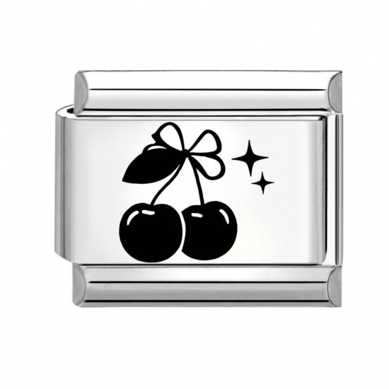 Picture of 1 Piece 304 Stainless Steel Stylish Italian Charm Links For DIY Bracelet Jewelry Making Wholesale Silver Tone Black Rectangle Cherry Fruit 10mm x 9mm