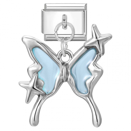 Picture of 1 Piece 304 Stainless Steel Stylish Italian Charm Links For DIY Bracelet Jewelry Making Wholesale Silver Tone Light Blue Butterfly Animal 10mm x 9mm