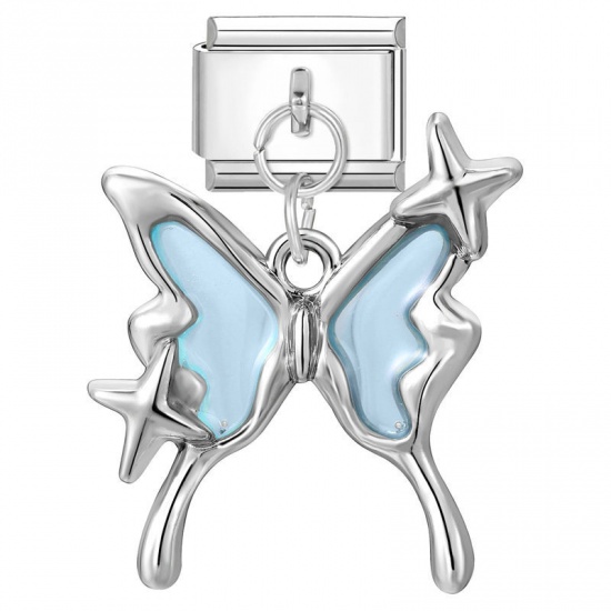 Picture of 1 Piece 304 Stainless Steel Stylish Italian Charm Links For DIY Bracelet Jewelry Making Wholesale Silver Tone Light Blue Butterfly Animal 10mm x 9mm