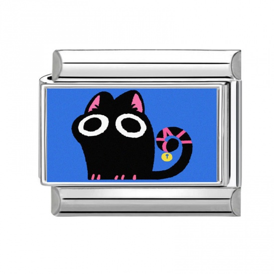 Picture of 1 Piece 304 Stainless Steel Stylish Italian Charm Links For DIY Bracelet Jewelry Making Wholesale Silver Tone Black Rectangle Cat 10mm x 9mm