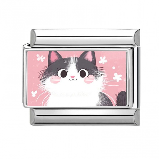 Picture of 1 Piece 304 Stainless Steel Stylish Italian Charm Links For DIY Bracelet Jewelry Making Wholesale Silver Tone White Rectangle Cat 10mm x 9mm