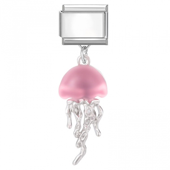 Picture of 1 Piece 304 Stainless Steel Stylish Italian Charm Links For DIY Bracelet Jewelry Making Wholesale Silver Tone Pink Jellyfish 10mm x 9mm