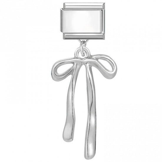 Picture of 1 Piece 304 Stainless Steel Stylish Italian Charm Links For DIY Bracelet Jewelry Making Wholesale Silver Tone Bowknot 10mm x 9mm