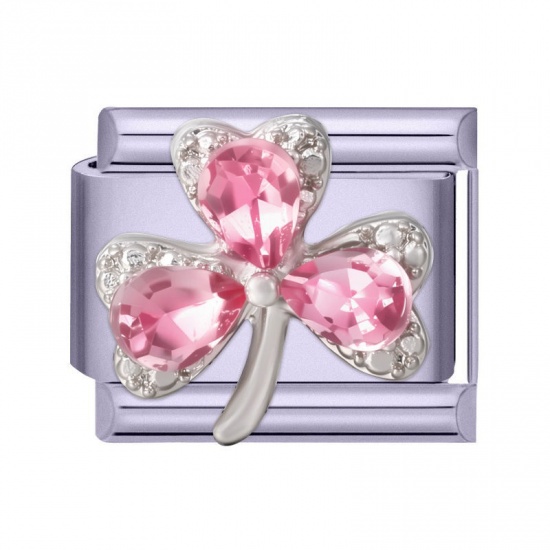 Picture of 1 Piece 304 Stainless Steel Stylish Italian Charm Links For DIY Modular Bracelet Watch Jewelry Making Wholesale Purple Rectangle Leaf Clover Shamrock Pink Rhinestone 10mm x 9mm