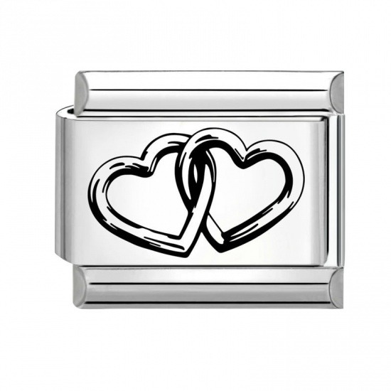 Picture of 1 Piece 304 Stainless Steel Valentine's Day Italian Charm Links For DIY Bracelet Jewelry Making Wholesale Silver Tone Black Rectangle Heart 10mm x 9mm
