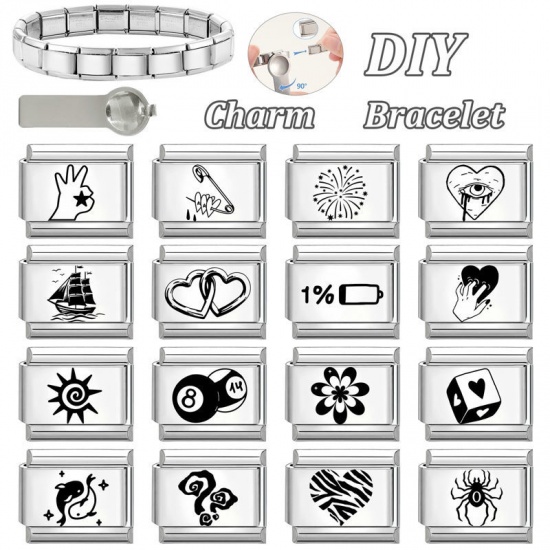Picture of 1 Piece 304 Stainless Steel Valentine's Day Italian Charm Links For DIY Bracelet Jewelry Making Wholesale Silver Tone Black Rectangle Heart 10mm x 9mm