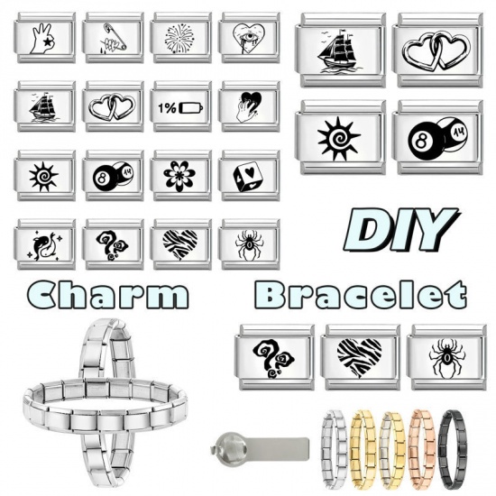 Picture of 1 Piece 304 Stainless Steel Valentine's Day Italian Charm Links For DIY Bracelet Jewelry Making Wholesale Silver Tone Black Rectangle Heart 10mm x 9mm
