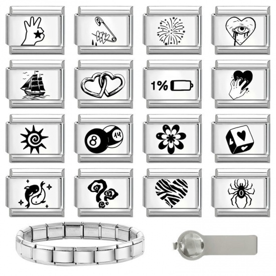 Picture of 1 Piece 304 Stainless Steel Valentine's Day Italian Charm Links For DIY Bracelet Jewelry Making Wholesale Silver Tone Black Rectangle Heart 10mm x 9mm