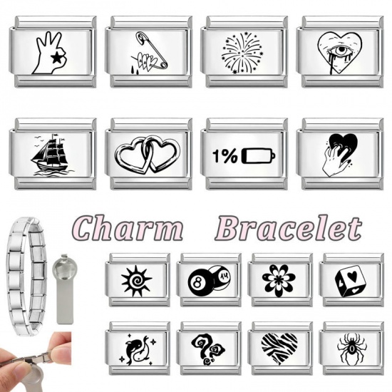 Picture of 1 Piece 304 Stainless Steel Valentine's Day Italian Charm Links For DIY Bracelet Jewelry Making Wholesale Silver Tone Black Rectangle Heart 10mm x 9mm
