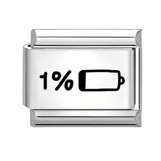 Picture of 1 Piece 304 Stainless Steel Stylish Italian Charm Links For DIY Bracelet Jewelry Making Wholesale Silver Tone Black Rectangle Battery Icon 10mm x 9mm