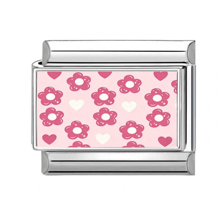 Picture of 1 Piece 304 Stainless Steel Stylish Italian Charm Links For DIY Bracelet Jewelry Making Wholesale Silver Tone Pink Rectangle Flower 10mm x 9mm