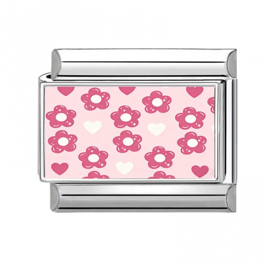 Picture of 1 Piece 304 Stainless Steel Stylish Italian Charm Links For DIY Bracelet Jewelry Making Wholesale Silver Tone Pink Rectangle Flower 10mm x 9mm