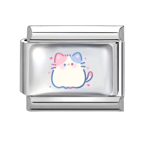 Picture of 1 Piece 304 Stainless Steel Stylish Italian Charm Links For DIY Bracelet Jewelry Making Wholesale Silver Tone White Rectangle Cat 10mm x 9mm