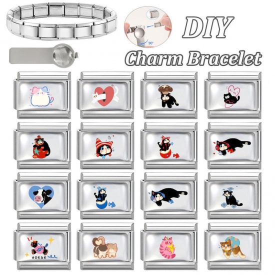 1 個 304ステンレス鋼 おしゃれ ペンダント チャーム イタリアンリンク ブレスレット作り DIY ハンドメイド ジュエリーアクセサリー 卸売り シルバートーン 白 長方形 猫 10mmx 9mm、 の画像