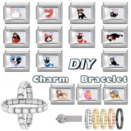 1 個 304ステンレス鋼 おしゃれ ペンダント チャーム イタリアンリンク ブレスレット作り DIY ハンドメイド ジュエリーアクセサリー 卸売り シルバートーン 白 長方形 猫 10mmx 9mm、 の画像