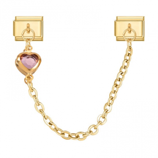Picture of 1 Piece 304 Stainless Steel Valentine's Day Italian Charm Links For DIY Bracelet Jewelry Making Wholesale Gold Plated Pink Heart 10mm x 9mm